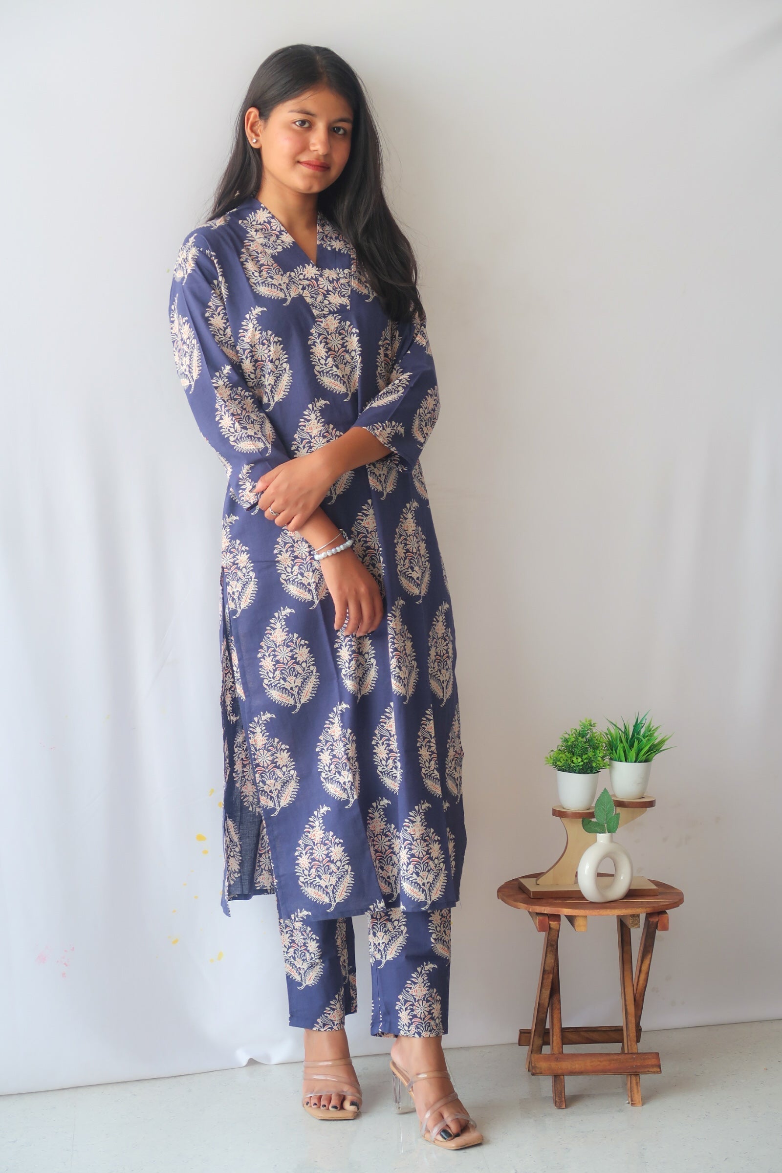 Navy Blossom V-Neck Suit Set - Image 2