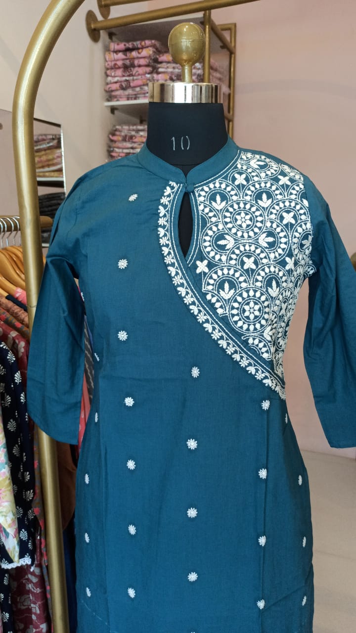 "Roohani" Teal Blue Chikankari Kurta Set(2pc) - Image 5