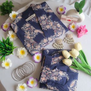 Navy Blossom V-Neck Suit Set