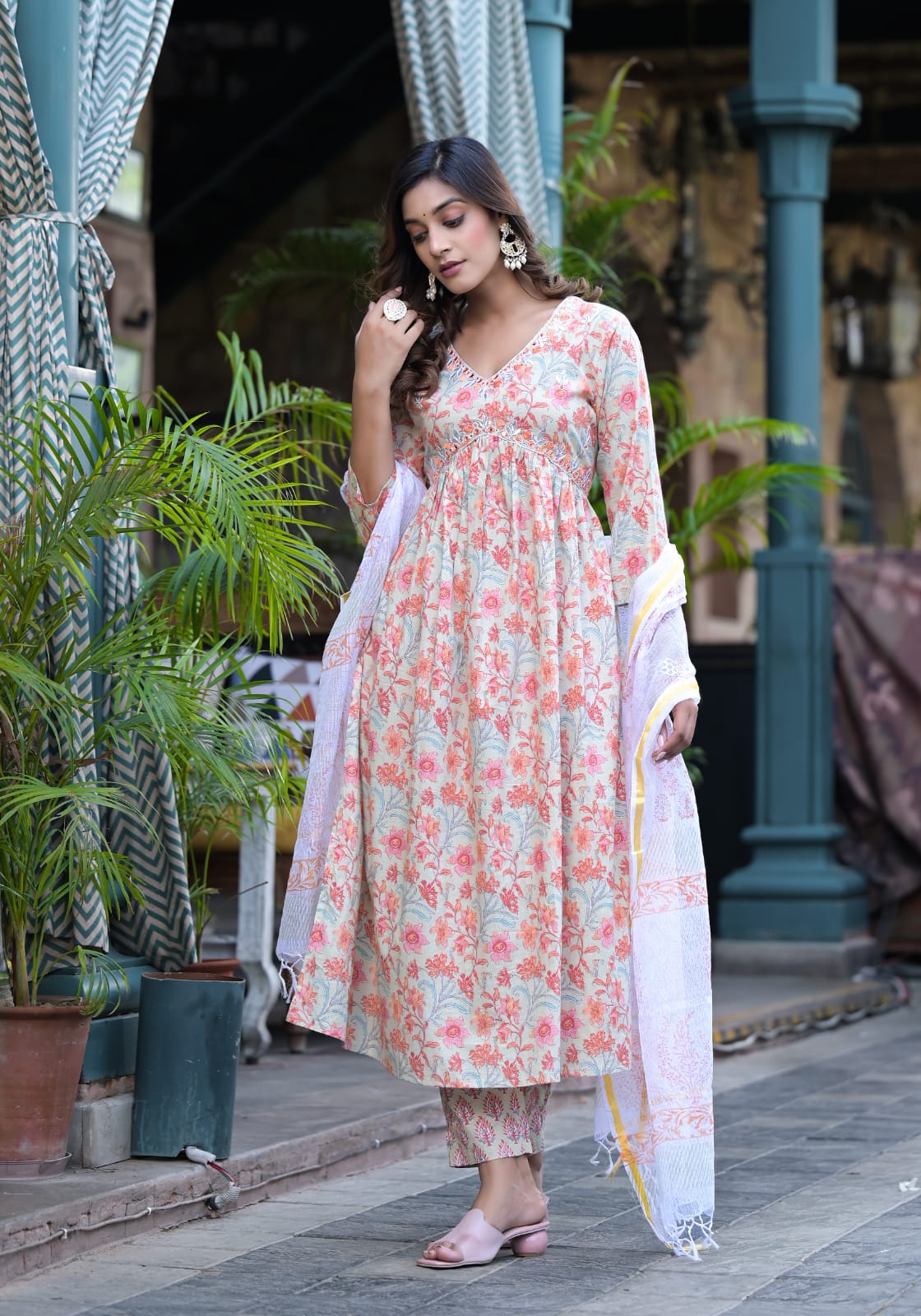 Orange Floral Cotton Suit Set - Image 2