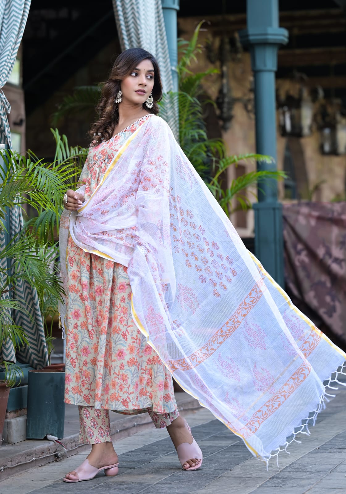 Orange Floral Cotton Suit Set - Image 4