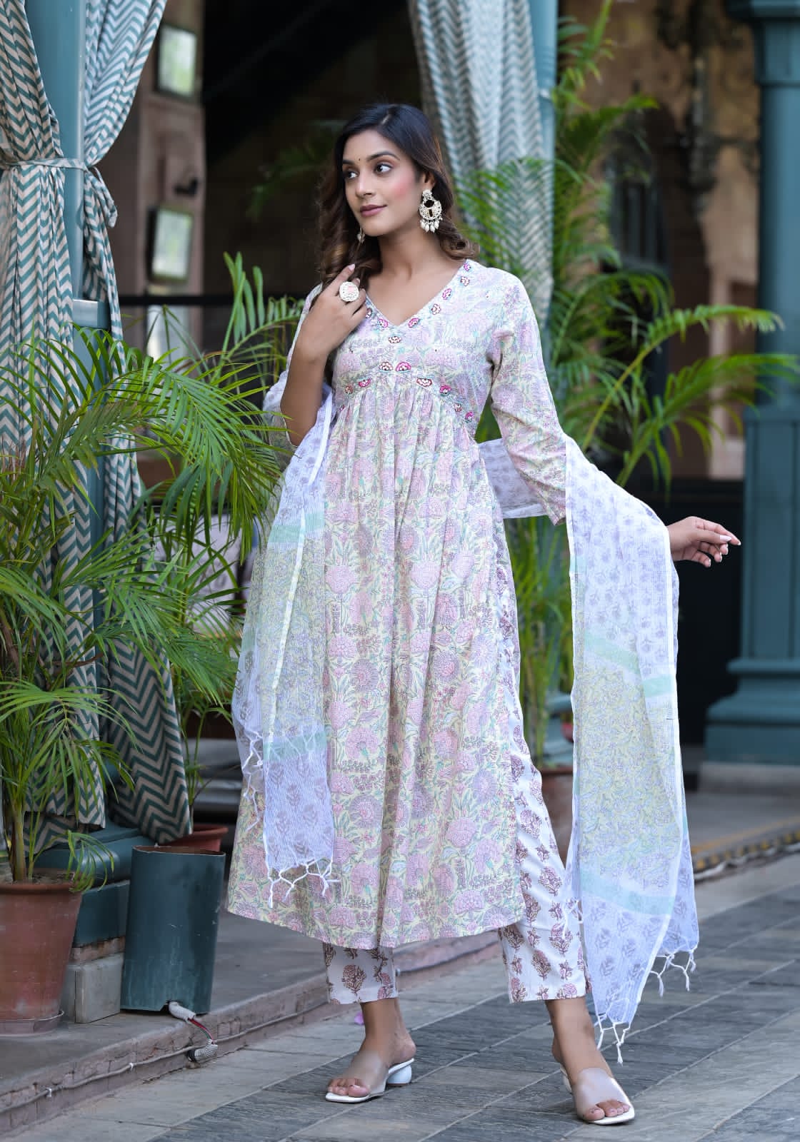 Floral Premium Cotton Suit Set - Cream Yellow - Image 2